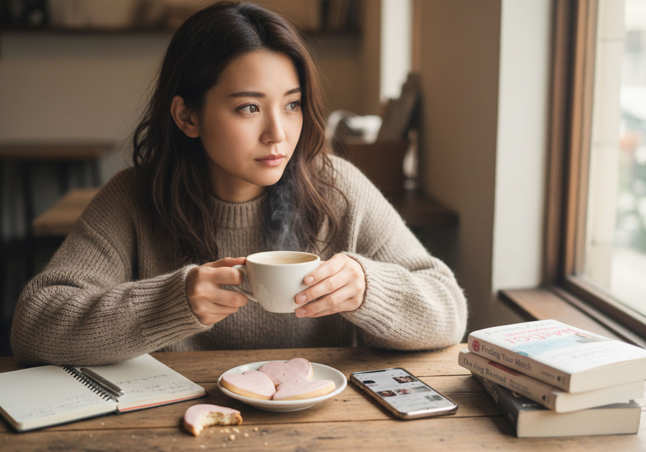 婚活に疲れコーヒーとハートの形のクッキーでブレイクタイムしている女性