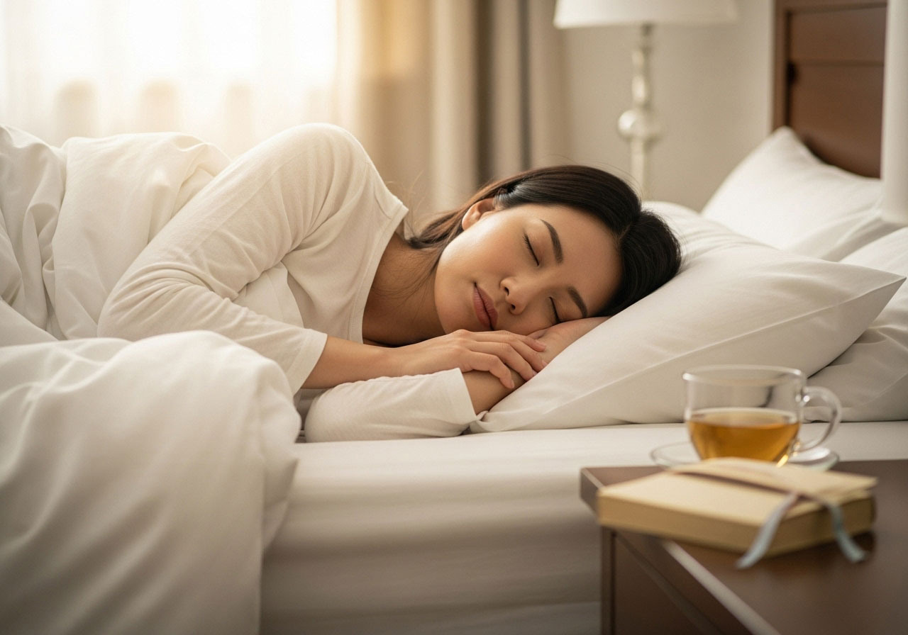 婚活で溜まった疲れを取るためにベッドで眠る女性