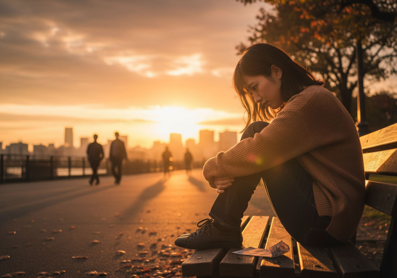 婚活が上手く行かずに夕暮れの中膝を抱えて考え込んでいる女性