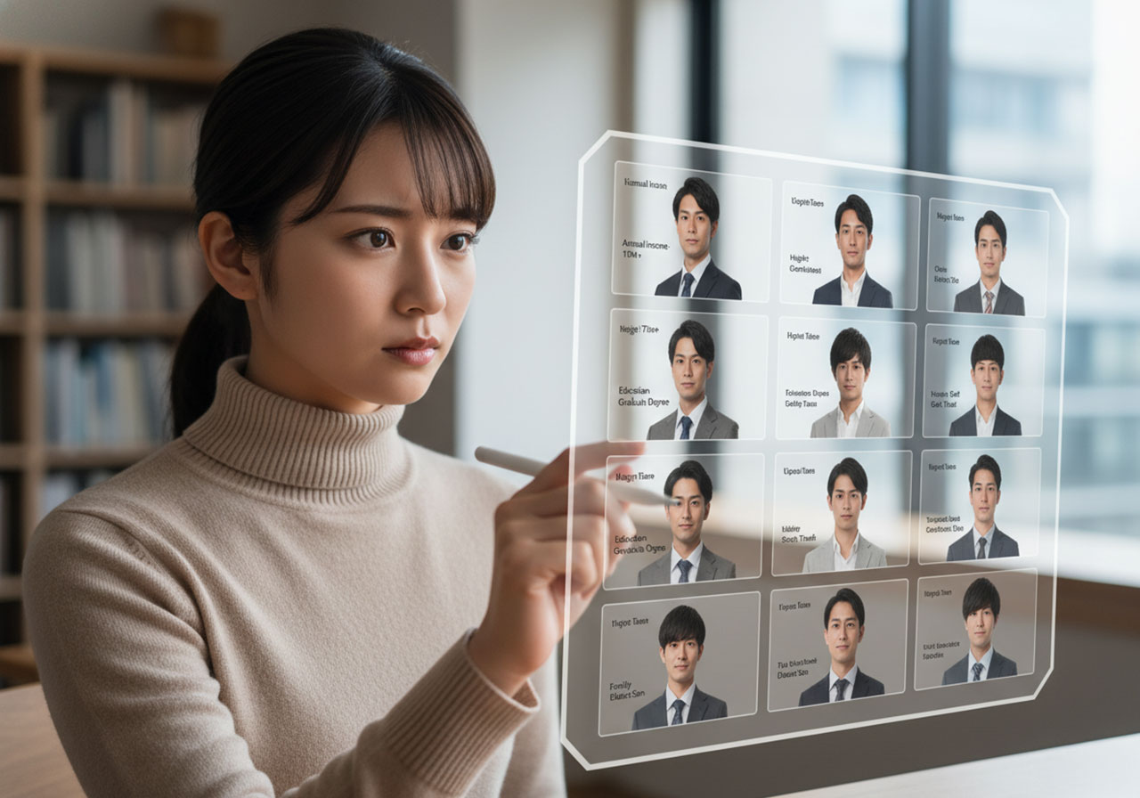 条件で並べられた男性の中からひとりをピックアップしようとしている女性