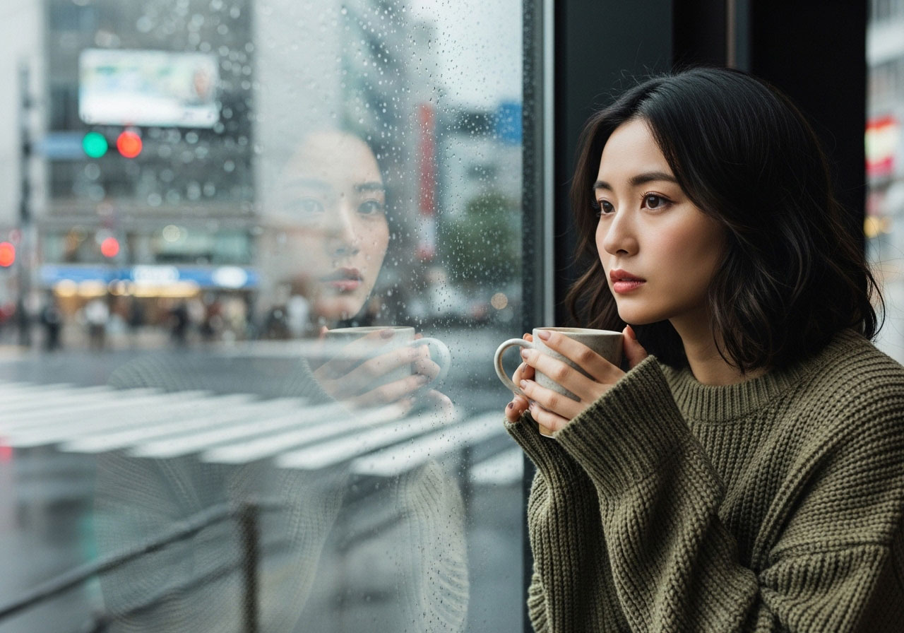 自分の魅力とは何か疑問に思い窓に映る自分自身の姿を眺める女性