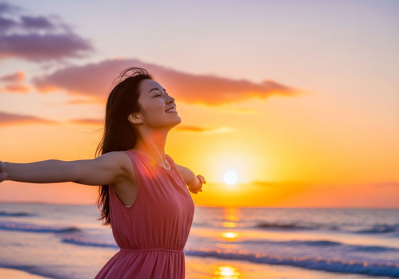 ストレスを取り払い夕日に向かって両手を広げリフレッシュしている女性