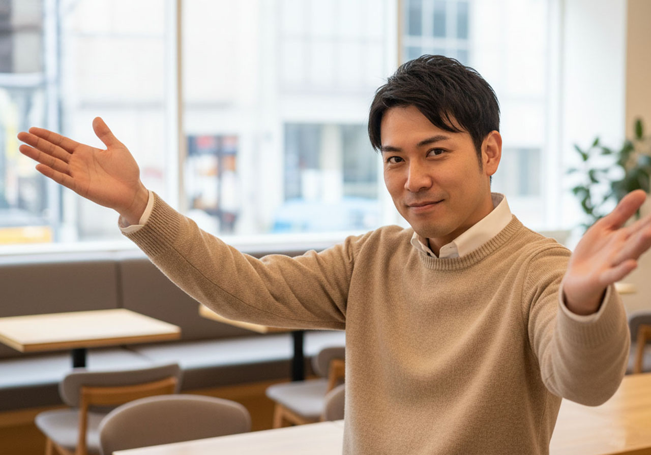 どんな話題でも何でも共感するから大丈夫と両手を広げて構えているにやついた男性