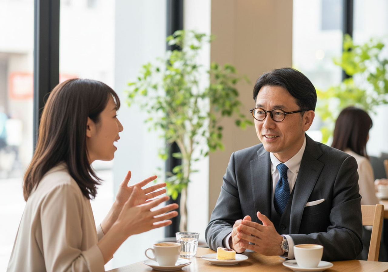 眼鏡をかけてスーツを着て誠実な紳士を装っているが実は同じ話を何度もしているのに気がつかないような無責任な男性