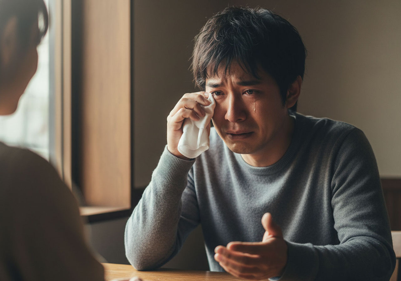 女性の辛い話を聞き一緒になって悲しくなり涙を拭っている男性
