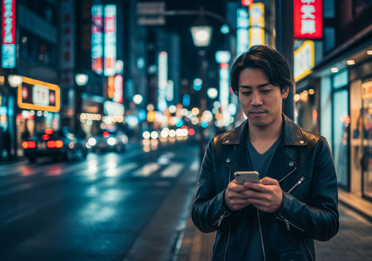突然時間が出来て退屈になってしまい夜の街からスマホで女性を呼び出そうと連絡をしている男性