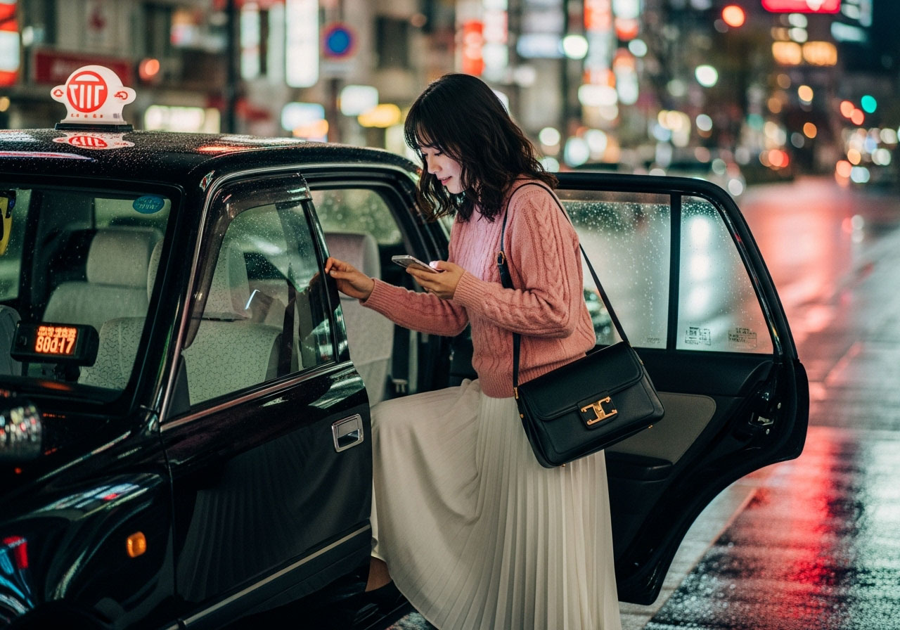 急な呼び出しにタクシーを使って移動する女性
