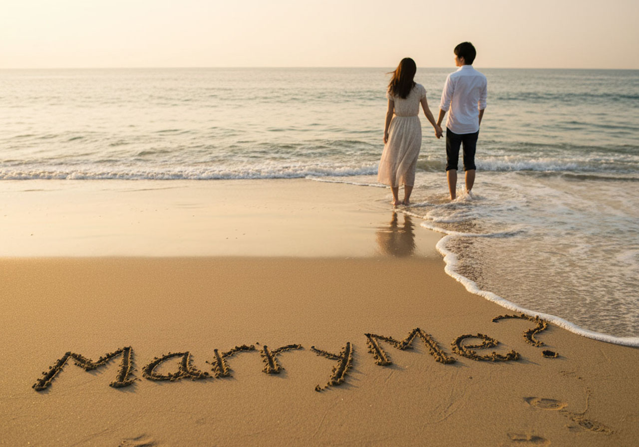 女性が男性に聞きたくても聞けずに波打ち際の砂に書いたMarryMe?