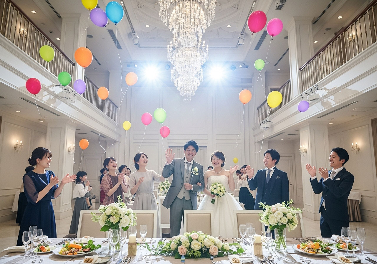 華やかなバルーンが飛び交う結婚式場