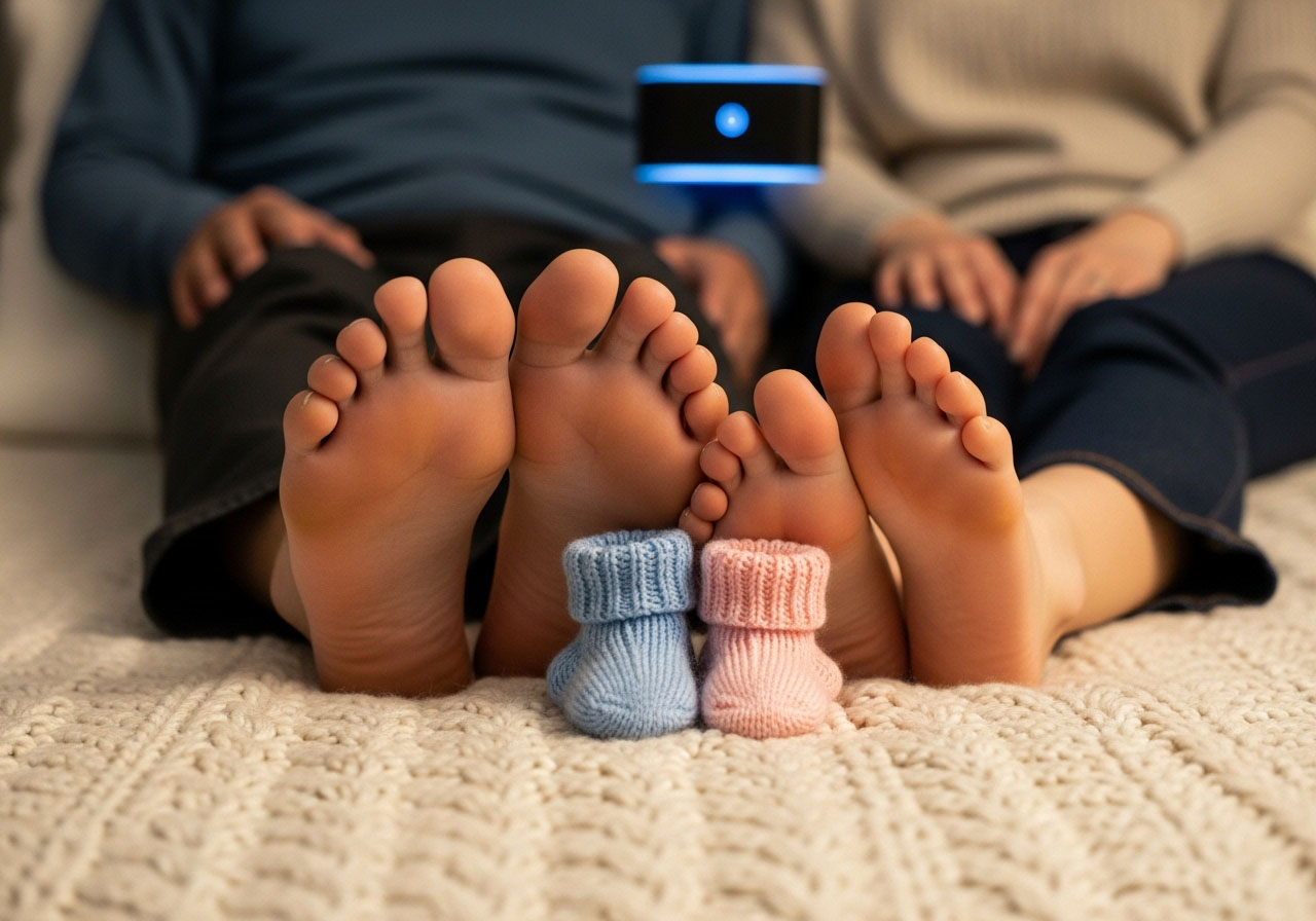 布団に入ったカップルの足とその間に置かれた将来2人の間に産まれる予定の赤ちゃんのくつした