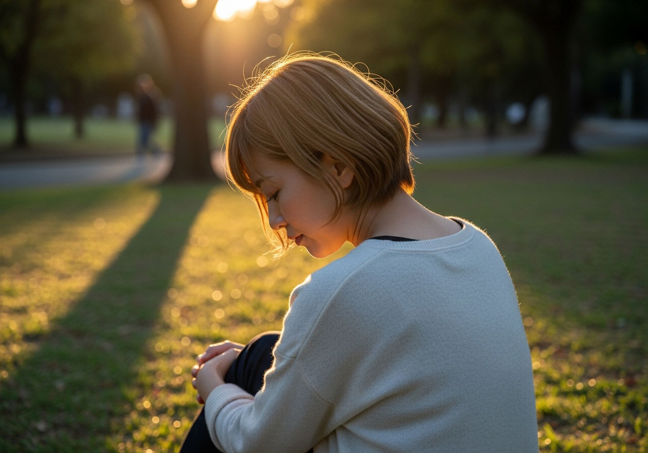 芝生の上に座ってうつ向き恋人との今後を考えるブロンドショートヘアの女性