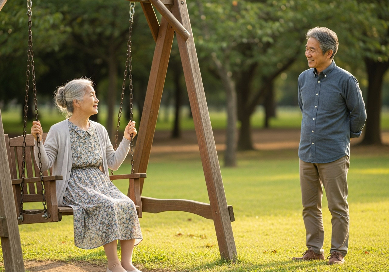ブランコに乗る妻とそれを見守る夫、これまでもこれからもずっと仲の良い老夫婦
