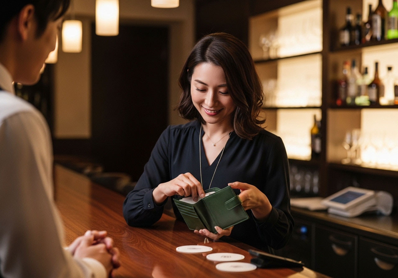 「今日は私が払うわ」とバルで店員に支払いをする緑色のお財布を持った女性