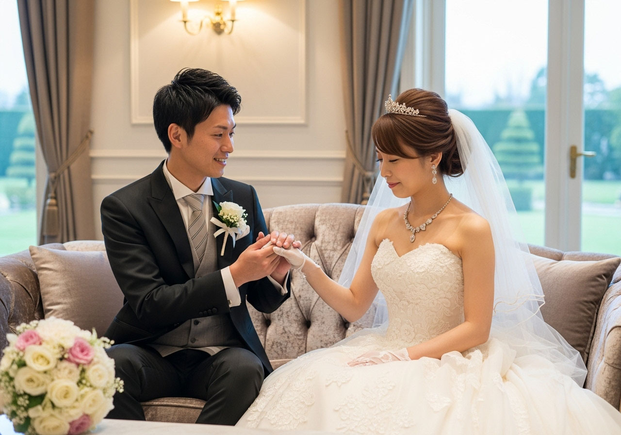 結婚式のチャペルに向かうため準備を整えソファに座る新婦とその手を取る新郎