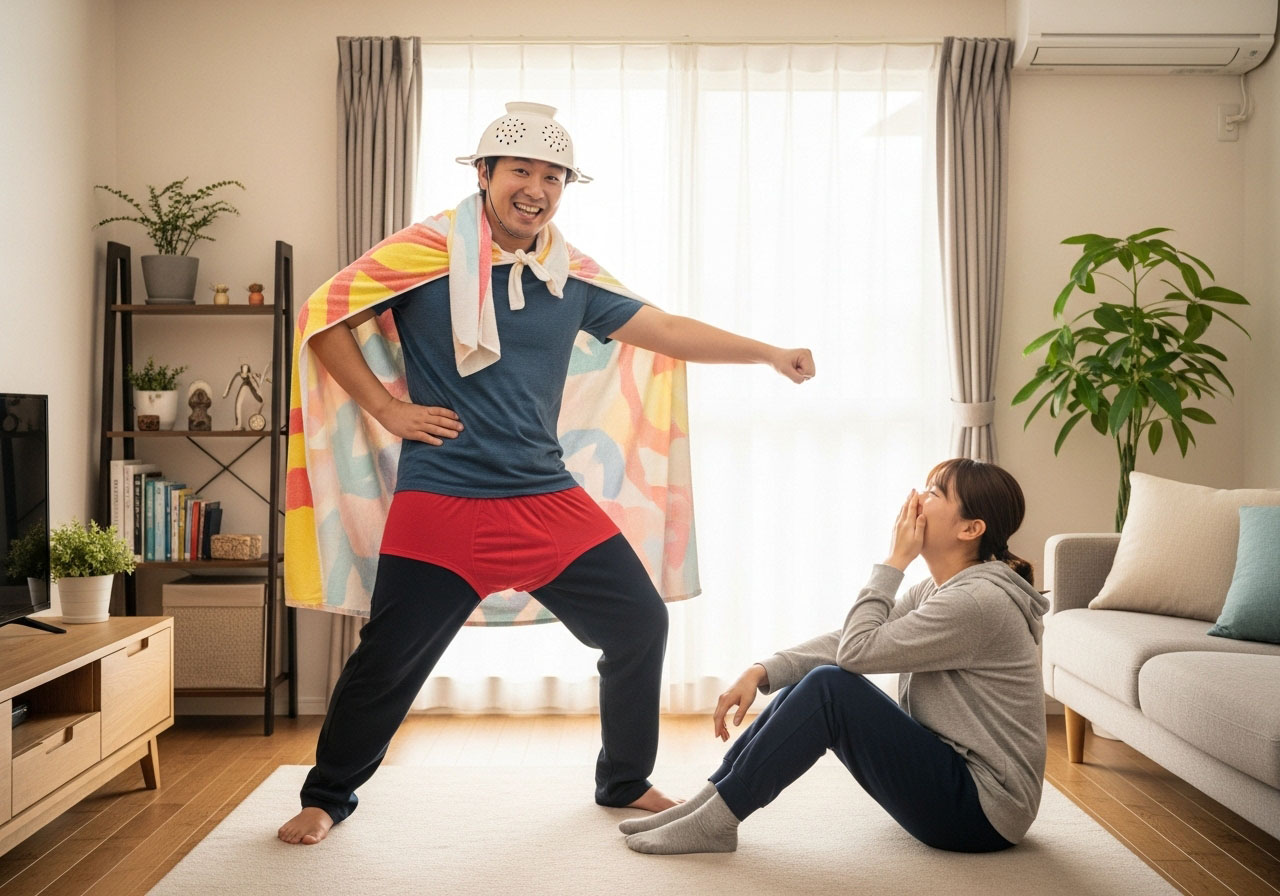 スーパーヒーローのようなポーズをとってパートナーを笑わせる男性