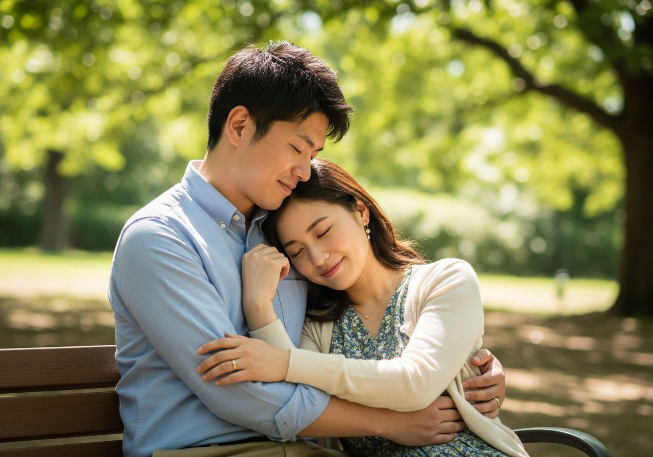 抱き合って身を寄せ合うどんな時も二人三脚の夫婦