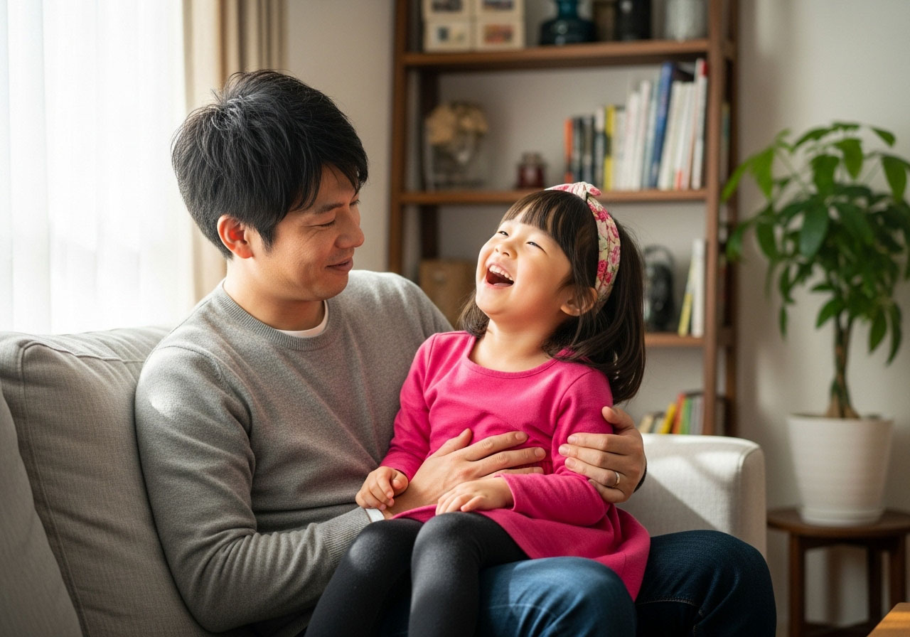 幸せそうな笑顔でいっぱいの小さな女の子を膝にのせて微笑むパパ