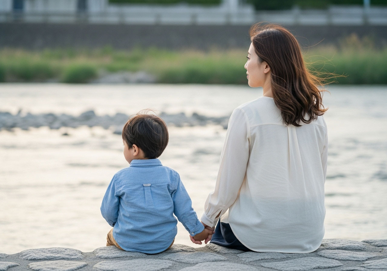 川辺に腰掛けて幸せそうに風景を眺めるお母さんと小さな男の子