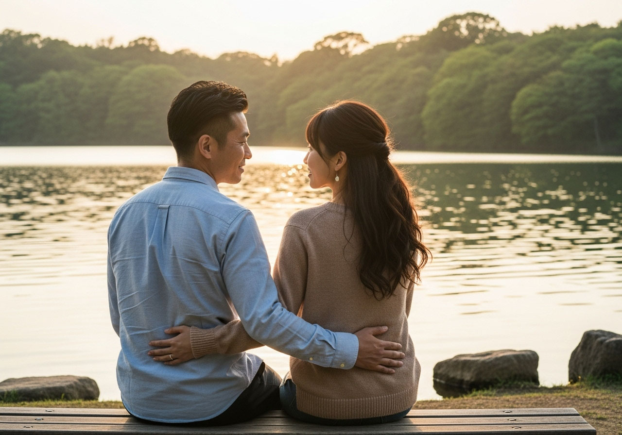 湖のほとりに座り話し込む夫婦