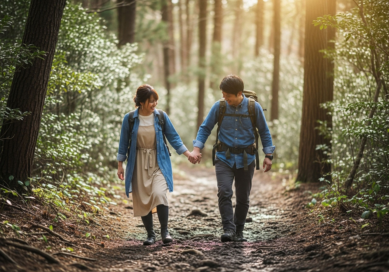手をつないで道なき道を2人で進む夫婦たち