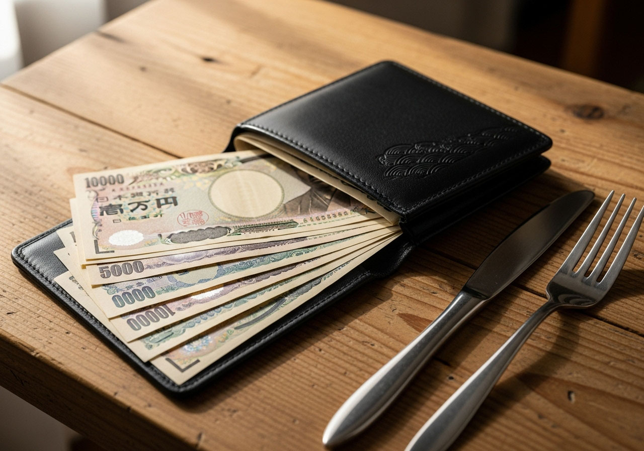 生きるために欠かせないお札がたっぷり入ったお財布とナイフとフォーク