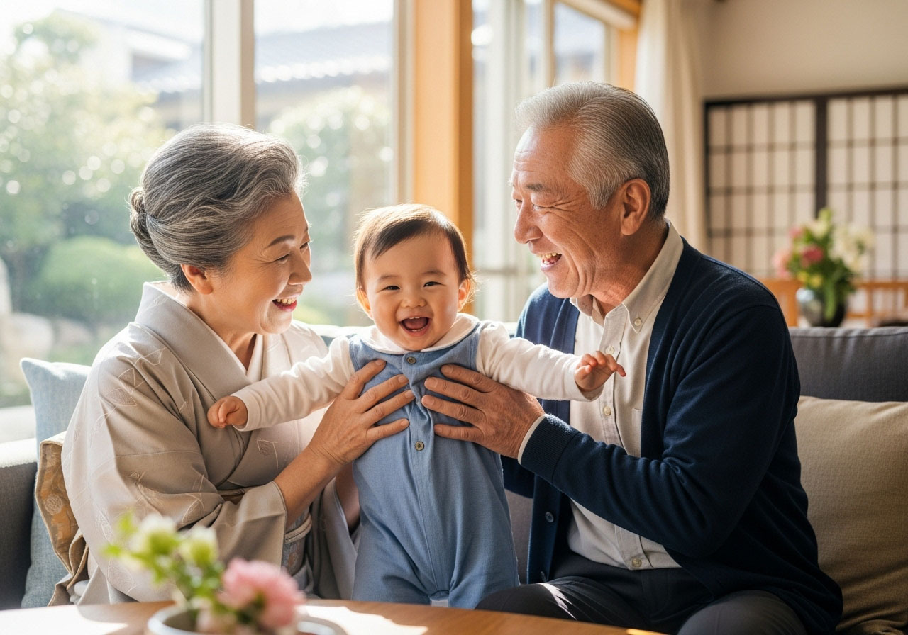 孫を抱いて幸せをかみ締める老夫婦