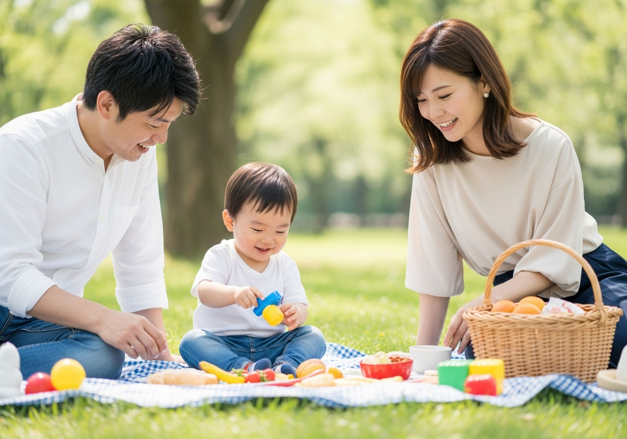 ピクニックを楽しむ小さな可愛い男の子を連れた幸せそうな家族