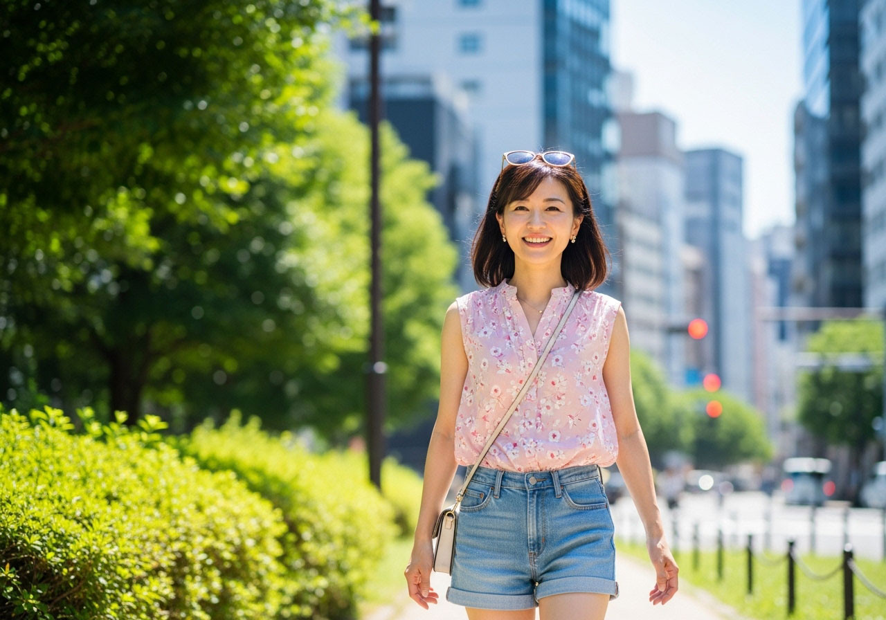 ノンスリーブにショ^とパンツと年齢に不釣合いな若作りをしている40代女性