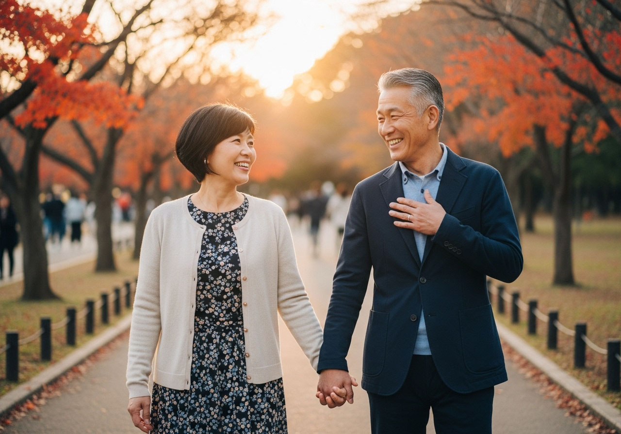 手を繋いで歩く再婚カップル