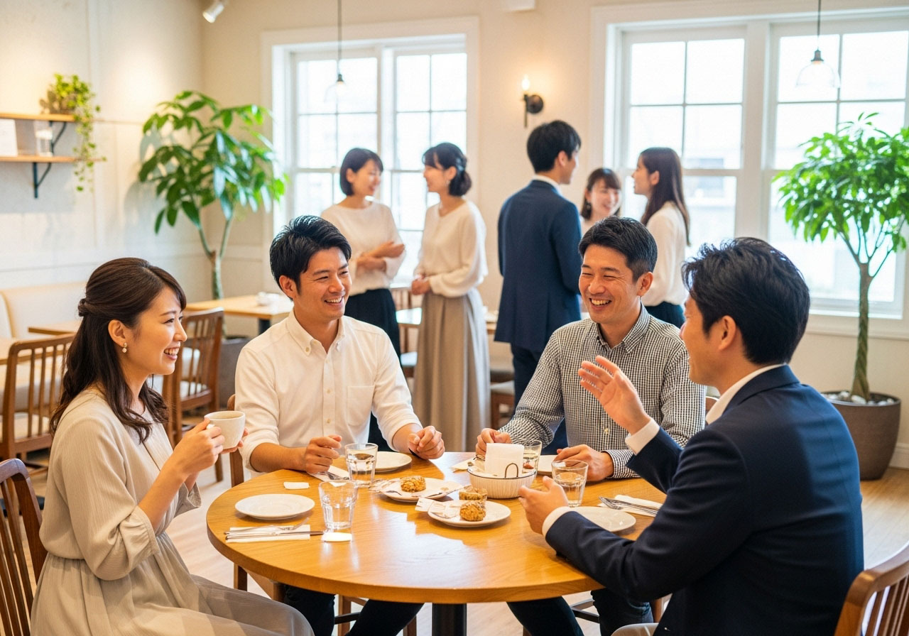 腰かけ、ドリンクを飲みながら話ををする婚活パーティーに参加している男女