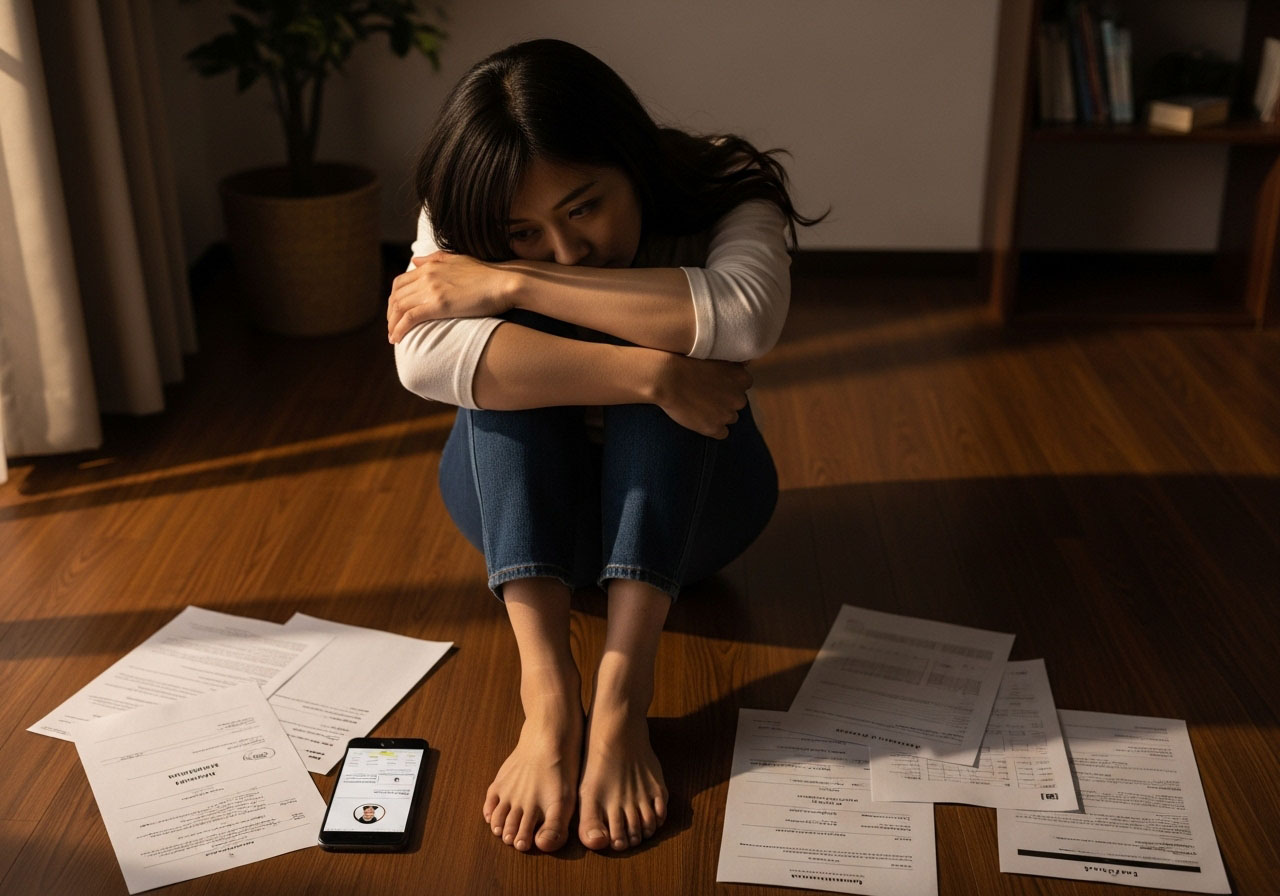 婚活に疲れ切ってひざを立ててうつむいて座る女性