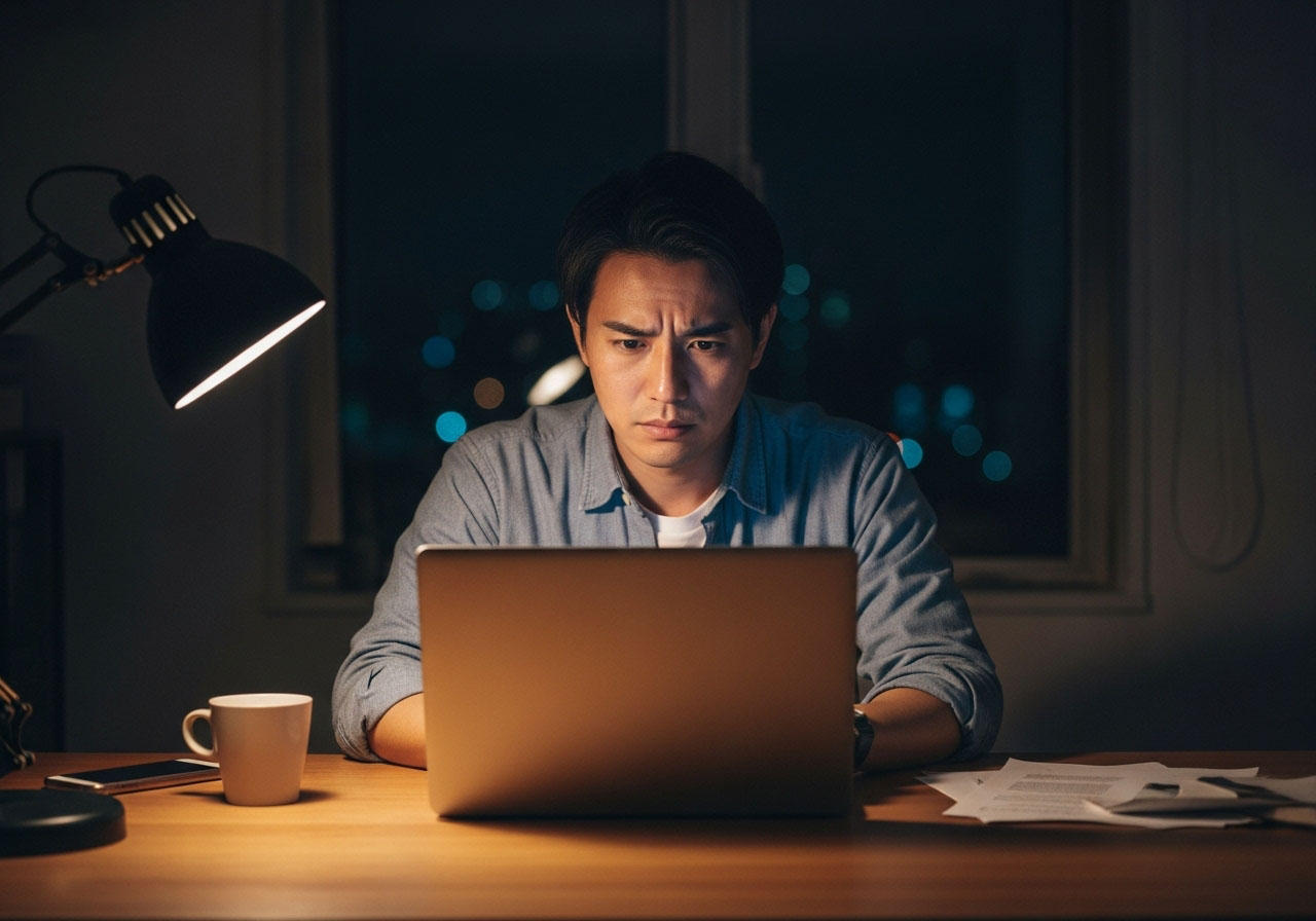 何か良い方法がないかと思案しながらパソコンに向き合う男性