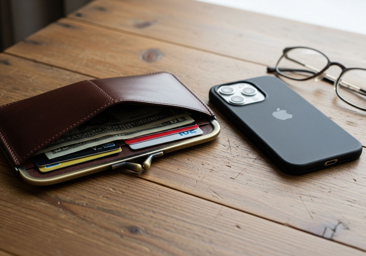 テーブルに置かれた財布とスマートフォン