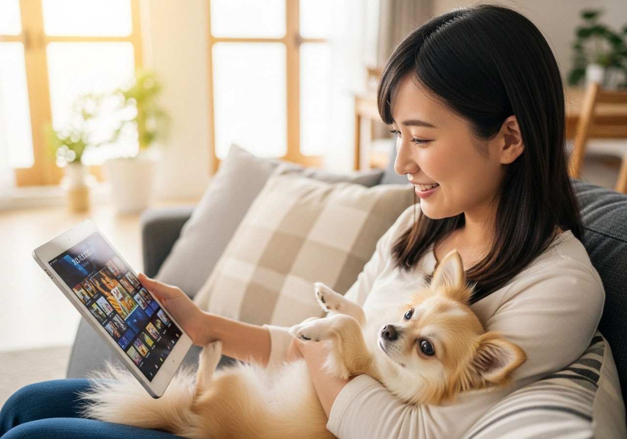 愛犬とソファに寝転がりながらタブレットを覗く笑顔の女性