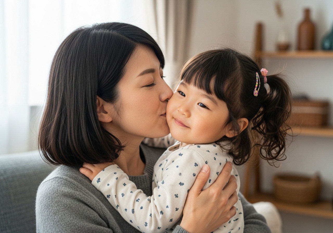 小さな子供を抱き、ほっぺにキスをするシングルのお母さん