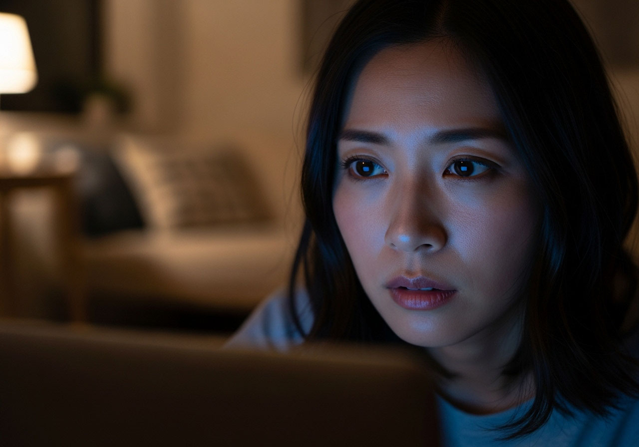 相手の情報を見つつ実際はどんな人なんだろうと考えながらパソコンを覗き込む女性