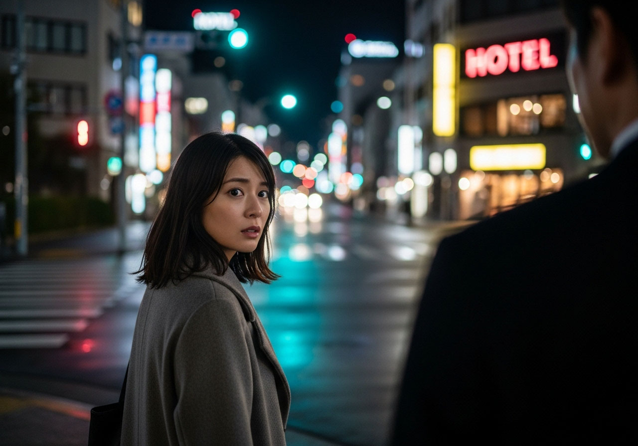婚活パーティーで出会った男性にホテルへつれていかれそうになって動揺している女性
