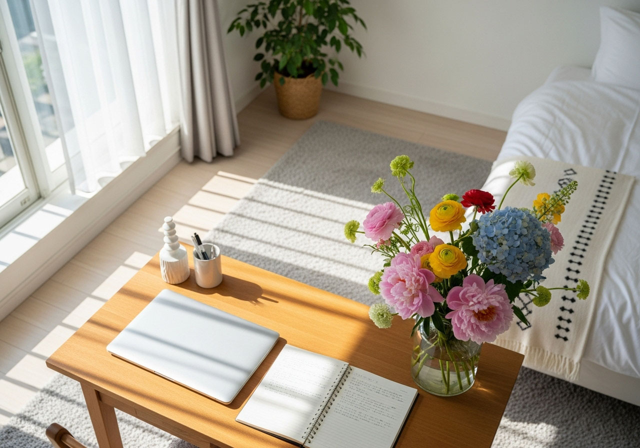 ポジティブな気持ちで婚活に励む女性の部屋に飾られた花