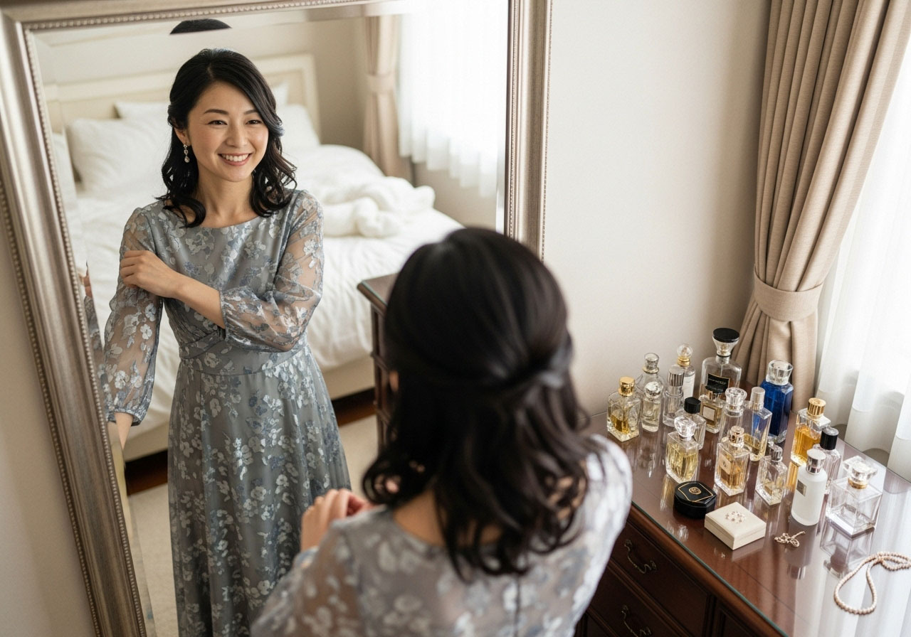 婚活パーティーのためにテーブルマナーも学んで高価なドレスも購入して完璧に振舞っているつもりだけど中々相手が見つからないがそれでもめげずにドレスを着た自分の姿を見て婚活パーティーに繰り出そうといている女性