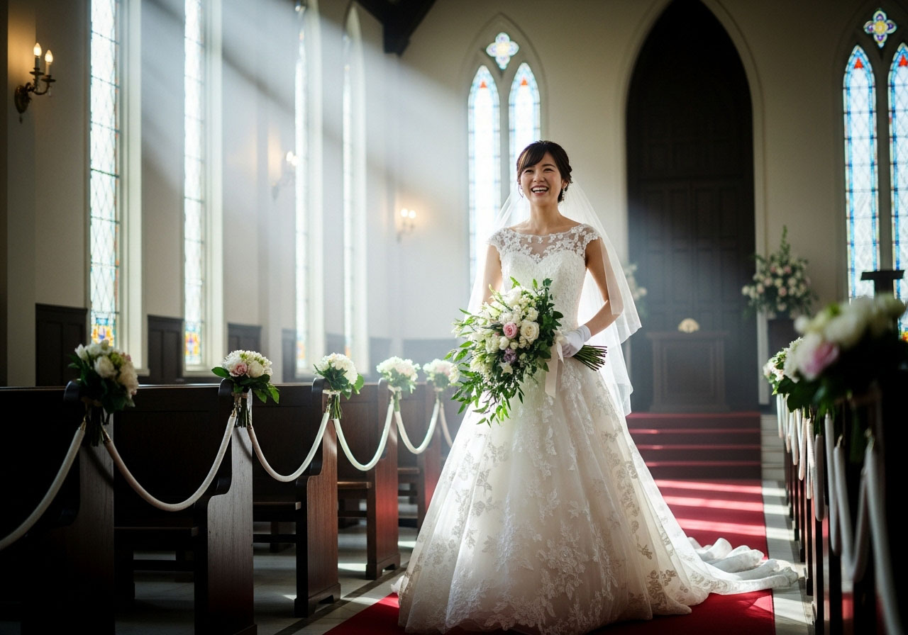 理想的な恋人にステキなウエディングドレスをプレゼントして貰い幸せそうに結婚式を迎える女性