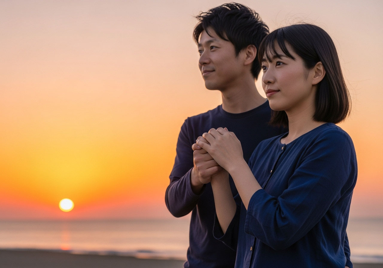 自分にとって本当に大切なものと見定めてしっかりと相手の男性の手を握り締める女性